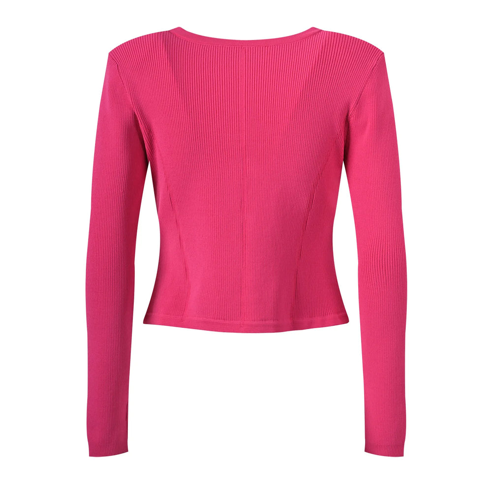 Pink cardigan with gold buttons on a white background