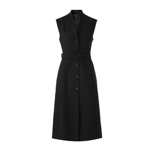 Black sleeveless dress with buttons on a white background