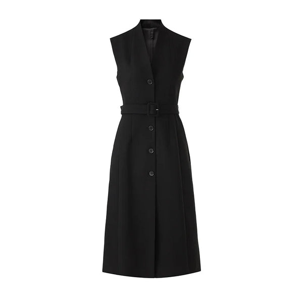 Black sleeveless dress with buttons on a white background