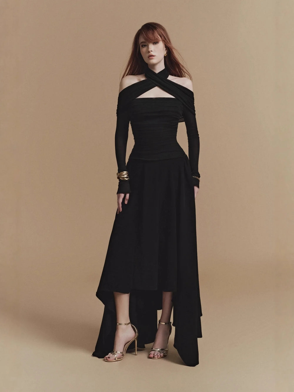 2025 New Vietnamese Niche Design Sexy Neck Hanging Irregular Midi Woven Anti-Static Casual Elegant Solid Natural Waist Dress