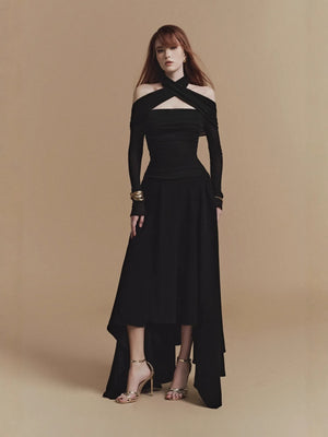 2025 New Vietnamese Niche Design Sexy Neck Hanging Irregular Midi Woven Anti-Static Casual Elegant Solid Natural Waist Dress