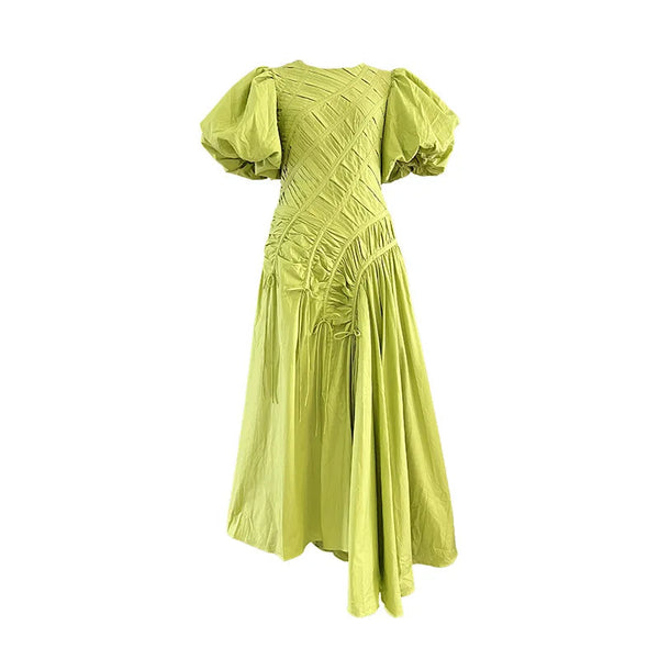 New Style Women's Summer High Quality Dress French Elegant Simple Long Dress Puff Sleeve Round Neck Pleated Elegant Party Dress Winteres