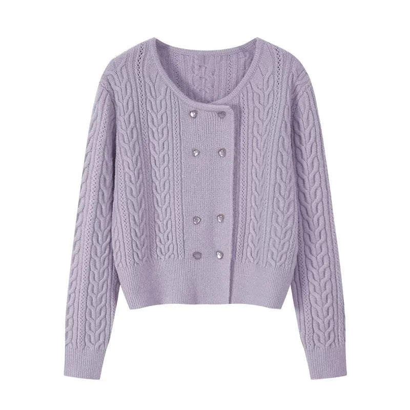 Cable Double-Breasted Crew-Neck Cardigan
