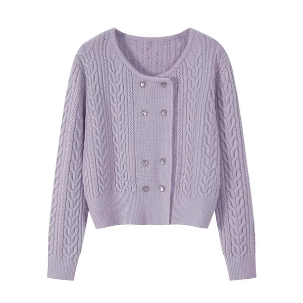Cable Double-Breasted Crew-Neck Cardigan