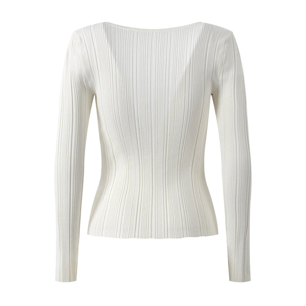 White ribbed long-sleeve top on a white background