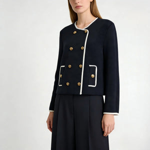 Navy blue jacket with white trim and gold buttons on a white background