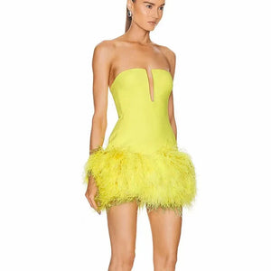 High Quality Deep v Strapless Dress Feather Sheath Short Evening Dress Party Yellow Bandage Dresses Winteres