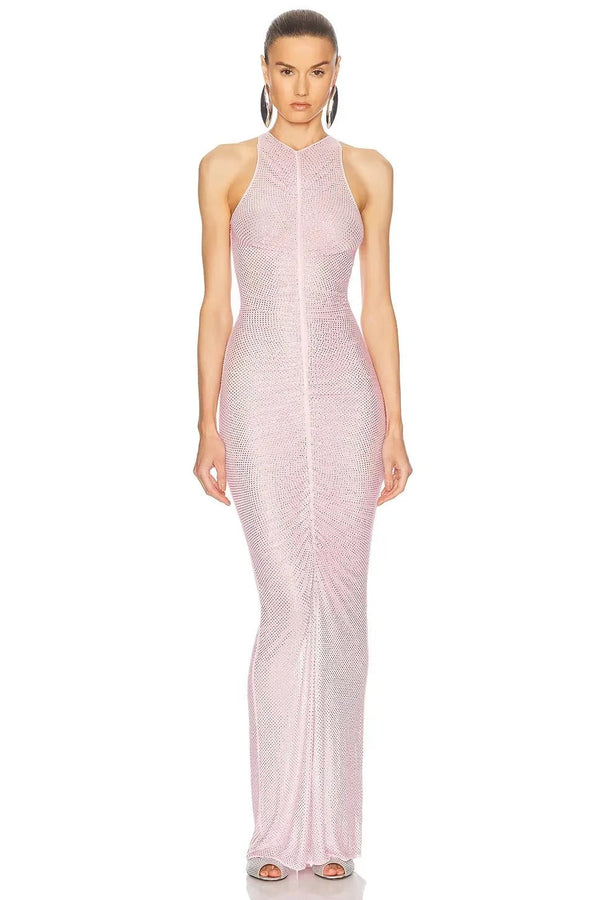 Bettergirl 2025 new  High end boutique pink see through hollow diamond hot stamping long dress Winteres