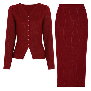 Red cardigan and red pencil skirt on a white background