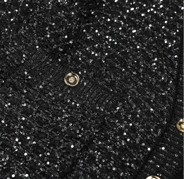 Close-up of a black glittery handbag with a gold clasp.