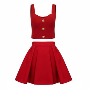 Red two-piece outfit with gold buttons on a white background, branded as Harley Fashion.