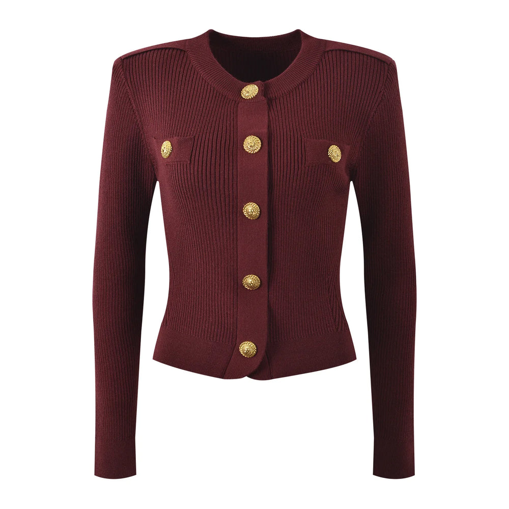 Elegant O-Neck Knit Cardigan – Bordeaux-Red Knit Cardigan – Winteres