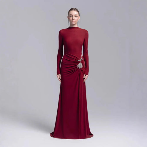 Wholesale New High Neck Long Sleeve Regular Fit Floor-Length Casual Sequined Solid Dress XL in elegant red style