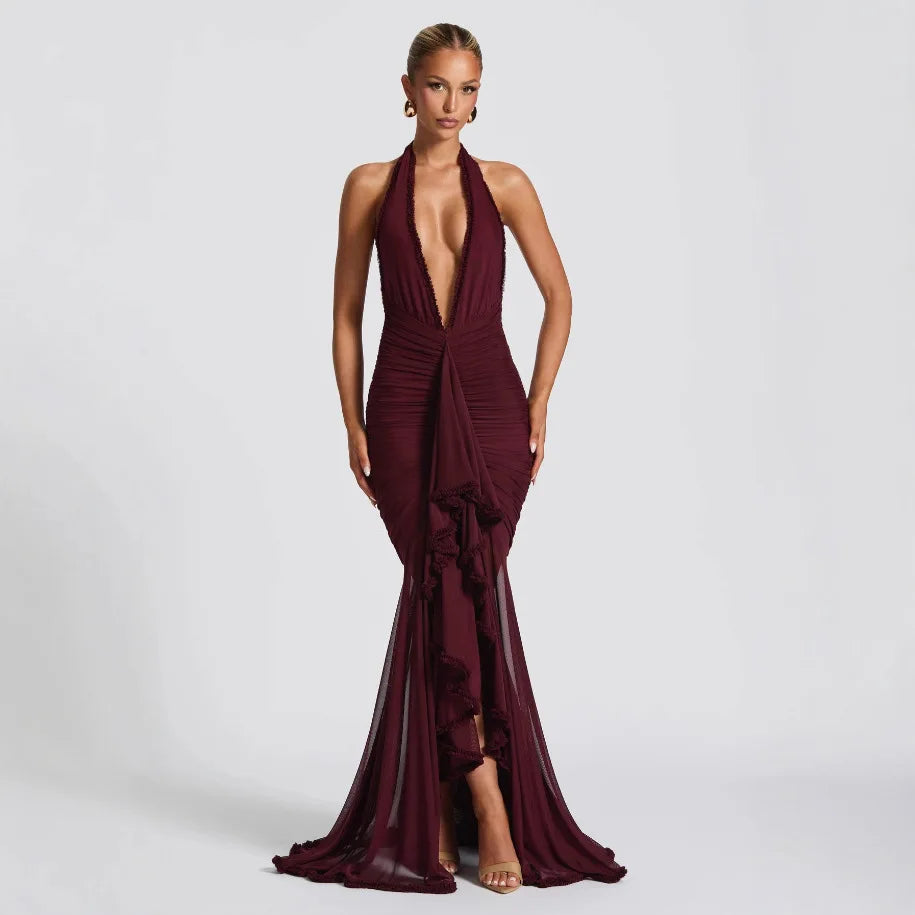Robe de soirée élégante décontractée à col halter, sexy, ajustée, sans manches, dos nu, en dentelle plissée, longueur genou – Winteres