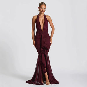 Robe de soirée élégante décontractée à col halter, sexy, ajustée, sans manches, dos nu, en dentelle plissée, longueur genou – Winteres