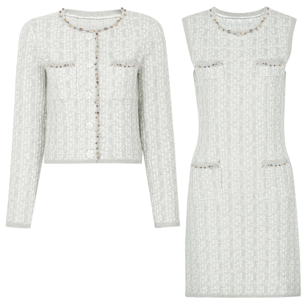 Tweed jacket and dress set on a white background