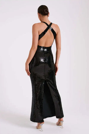 Women's Luxury Sexy Sequin Slit Three-dimensional Flower Dress Hollowed-out Backless Party Dress Winteres