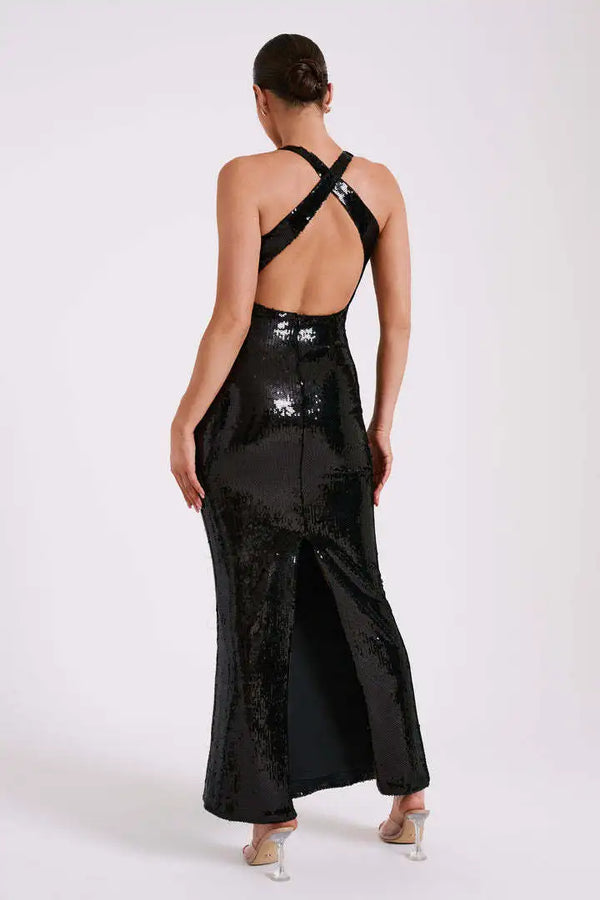 Women's Luxury Sexy Sequin Slit Three-dimensional Flower Dress Hollowed-out Backless Party Dress Winteres