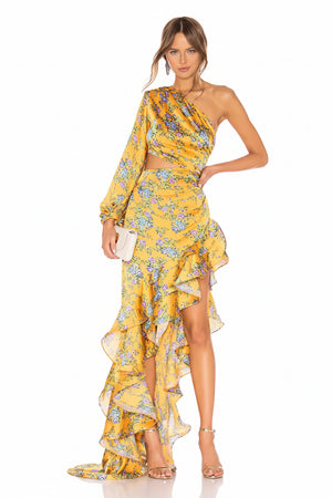 Ladies One-Shoulder Floral Print Ball Gown Casual Style Maxi Length Waist Cut-out Irregular Hem Strapless Neckline Bow Winteres