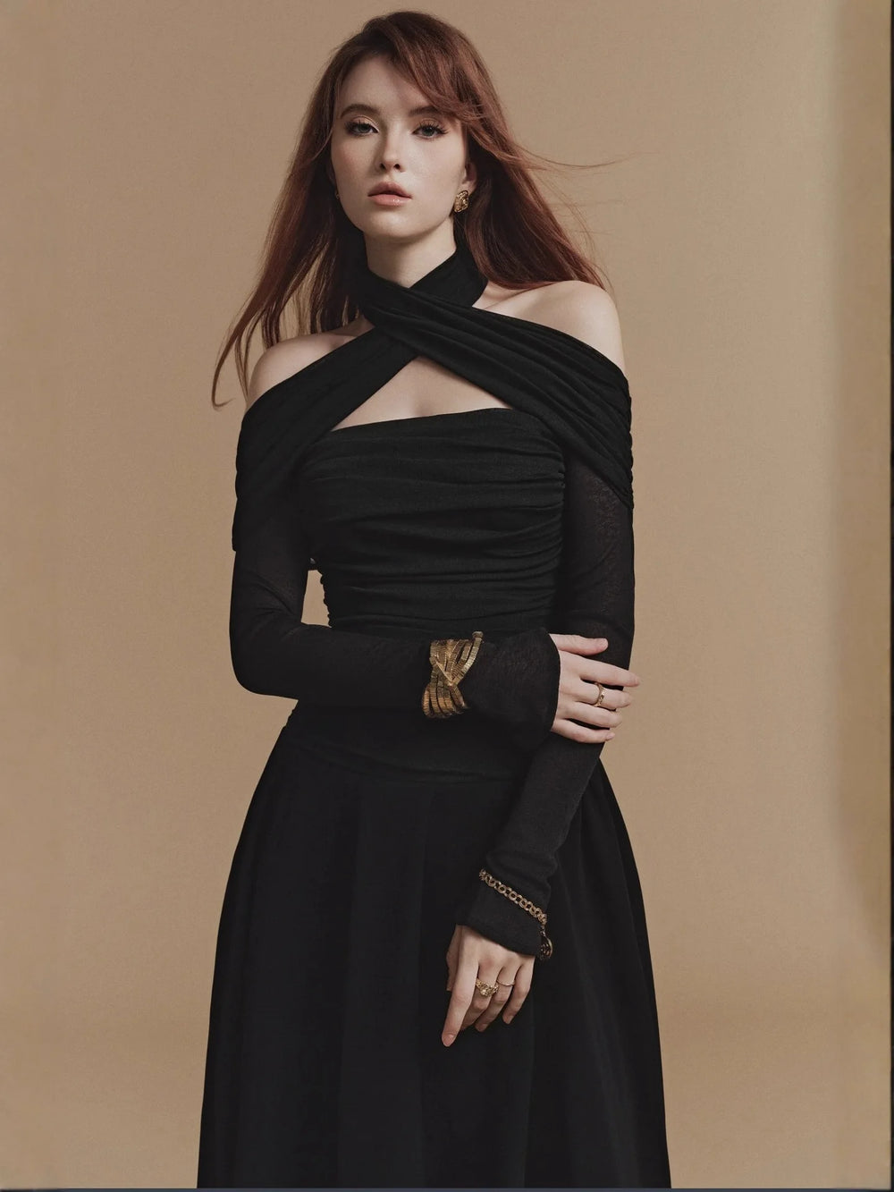 2025 New Vietnamese Niche Design Sexy Neck Hanging Irregular Midi Woven Anti-Static Casual Elegant Solid Natural Waist Dress