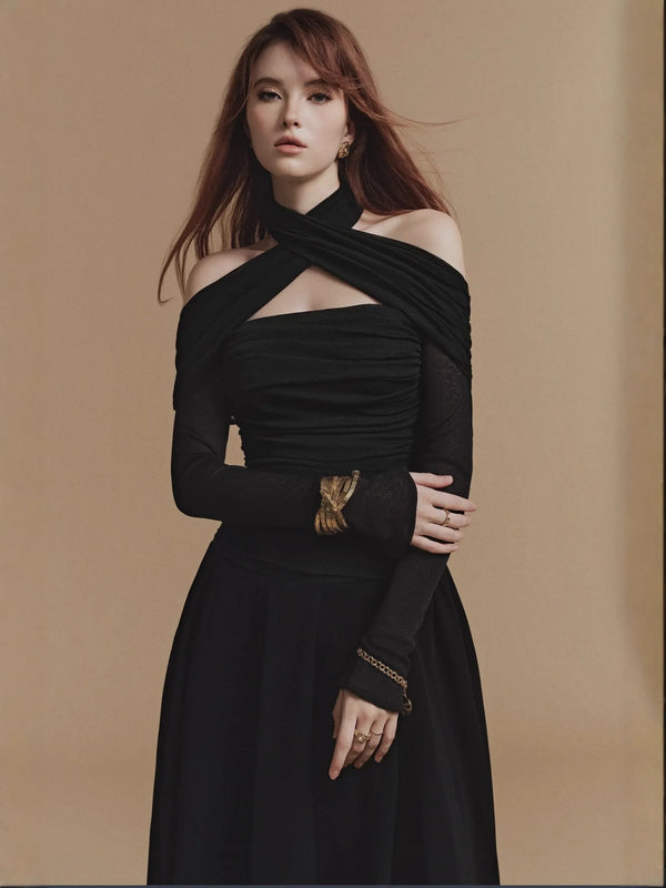 2025 New Vietnamese Niche Design Sexy Neck Hanging Irregular Midi Woven Anti-Static Casual Elegant Solid Natural Waist Dress model