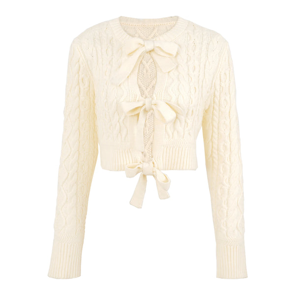 Cable Lace-Up Crew-Neck Knit Cardigan Winteres