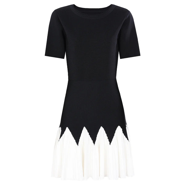 Fabricant de robes sur mesure : Nouvelle robe en maille contrastante noire et blanche 2025, jupe plissée ondulée, taille ajustée, jupe trapèze ajustée