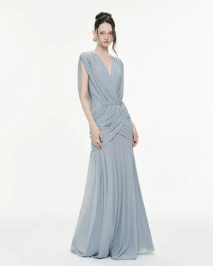 OUDINA Nouvelle collection Robes longues élégantes plissées, drapées, froncées, unies, décontractées et modestes à col en V pour femmes