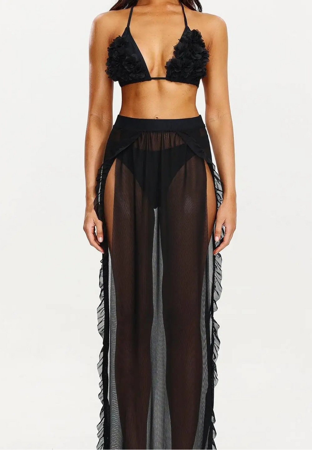Women Black Three Pieces Swimwear Bikini Set Wear With Cover up Winteres