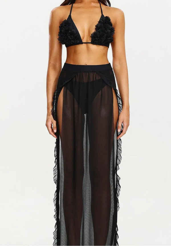 Women Black Three Pieces Swimwear Bikini Set Wear With Cover up Winteres