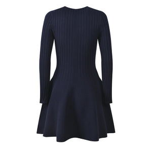 Navy blue dress with long sleeves on a white background
