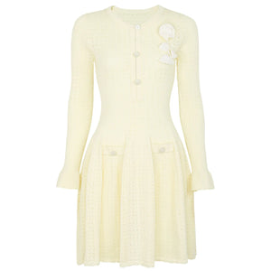 Light yellow dress with long sleeves and a floral brooch on a white background