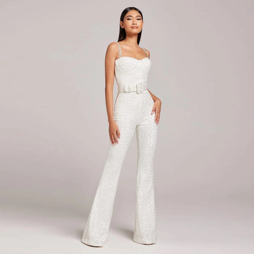 Summer Sexy Elegant White Bodysuit Sequin Rompers Women's Jumpsuits With Belts – Fashion – Winteres
