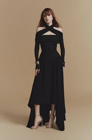2025 New Vietnamese Niche Design Sexy Neck Hanging Irregular Midi Woven Anti-Static Casual Elegant Solid Natural Waist Dress