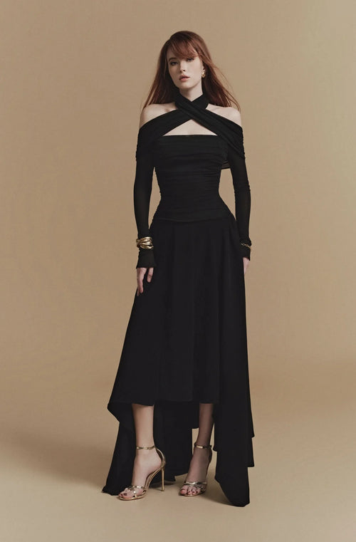 2025 New Vietnamese Niche Design Sexy Neck Hanging Irregular Midi Woven Anti-Static Casual Elegant Solid Natural Waist Dress