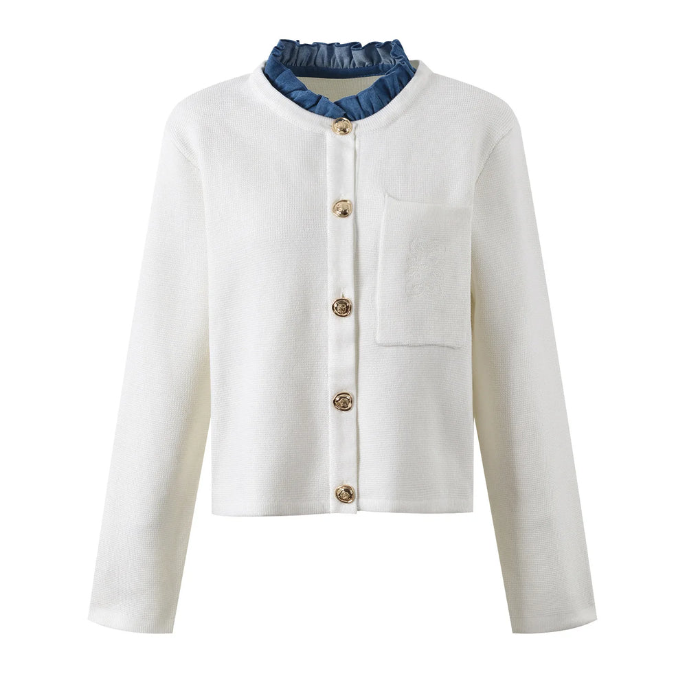Denim Patchwork Ruffle Cardigan – White Knit Cardigan – Winteres