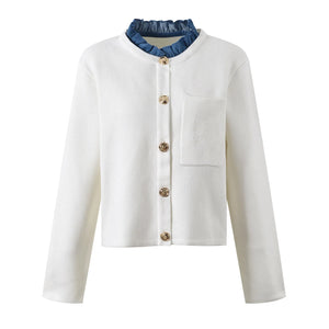 Denim Patchwork Ruffle Cardigan – White Knit Cardigan – Winteres