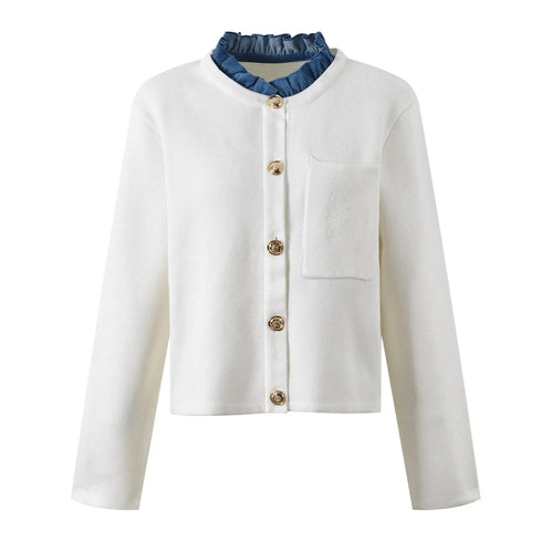 Denim Patchwork Ruffle Cardigan – White Knit Cardigan – Winteres
