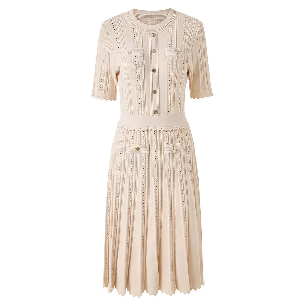 Beige knit dress with button details on a white background