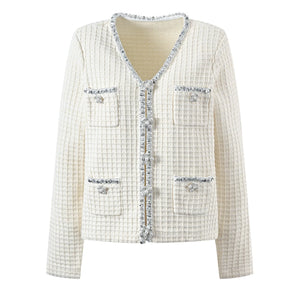 Cardigan décontracté d'hiver automne 2025 pour femmes, pull tricoté avec col en V, manches longues, strass et simple boutonnage.