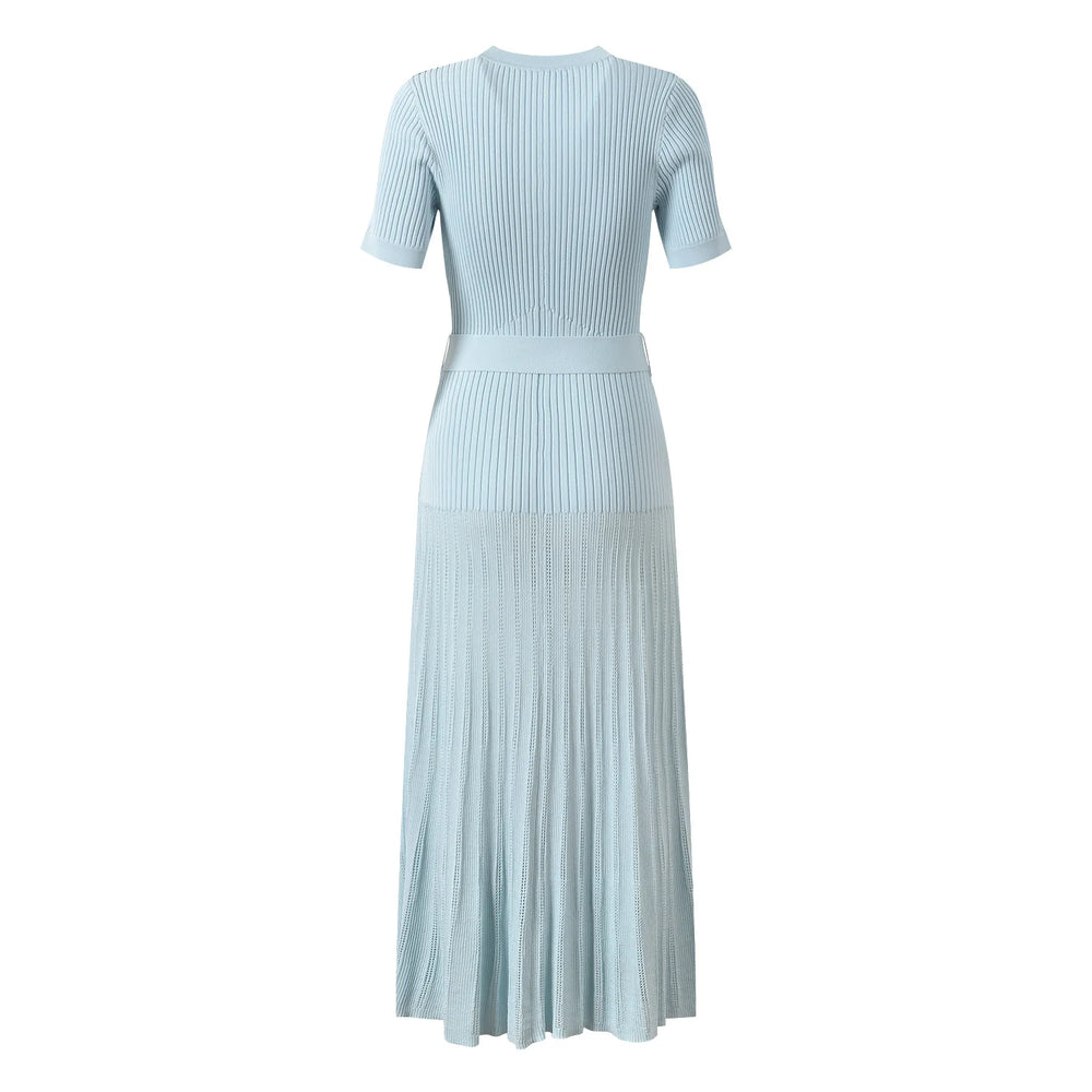 Light blue ribbed dress with a belt on a white background