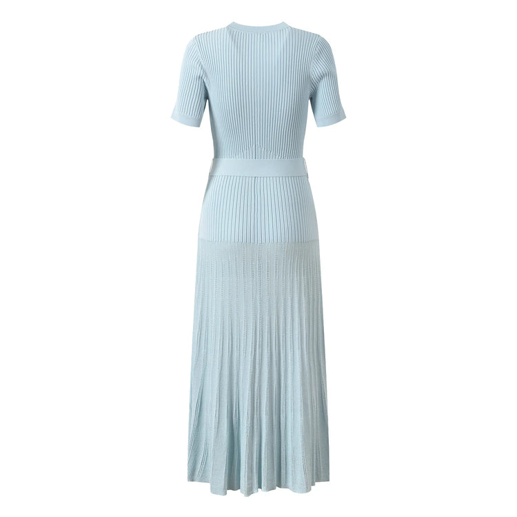 Light blue ribbed dress with a belt on a white background