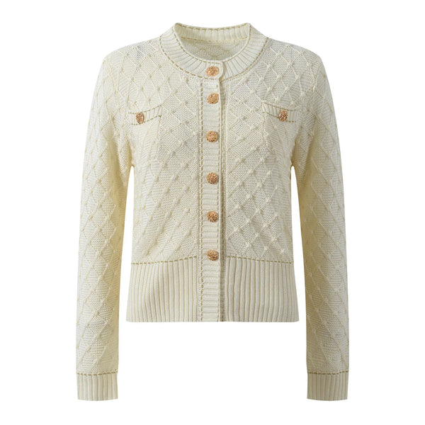Cream-colored knitted cardigan with button details on a white background