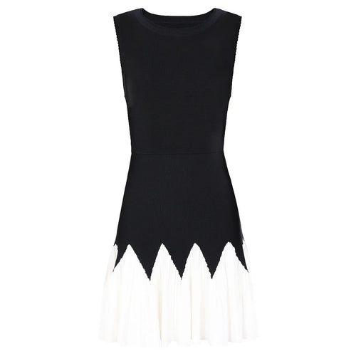 Black sleeveless dress with white trim on a white background