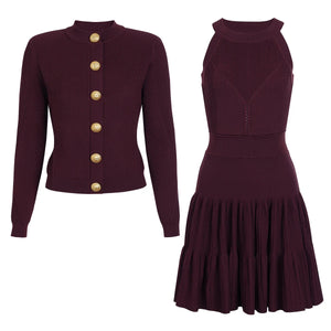 Maroon ribbed sweater with gold buttons and matching dress on a white background