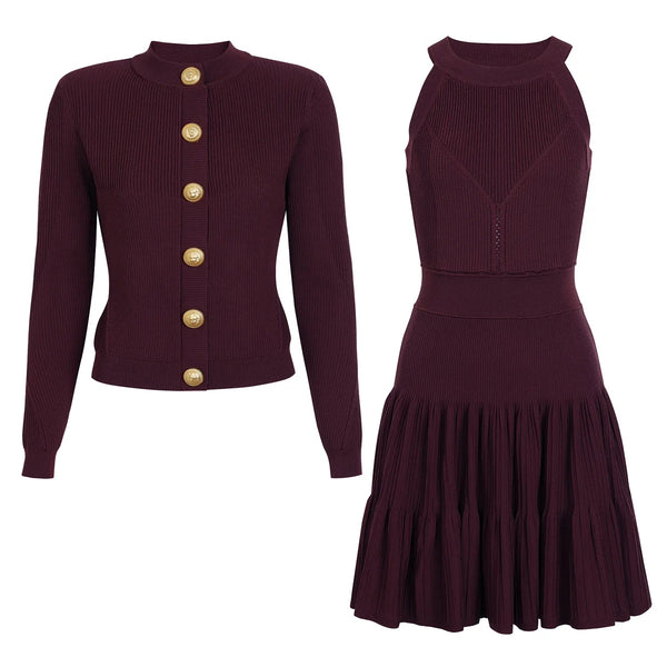 Maroon ribbed sweater with gold buttons and matching dress on a white background