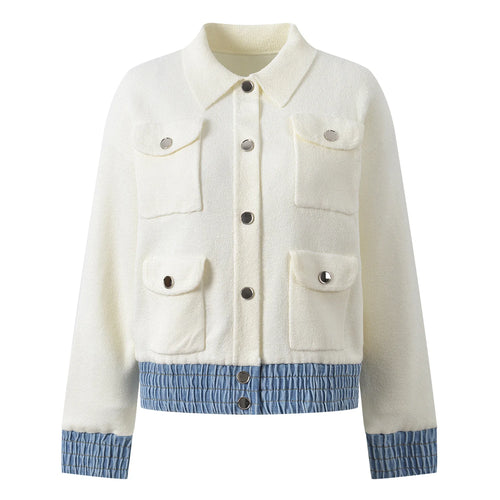 Cardigan en maille pour femme, style décontracté, collection 2026, col rabattu, manches longues, simple boutonnage, ourlet patchwork denim.