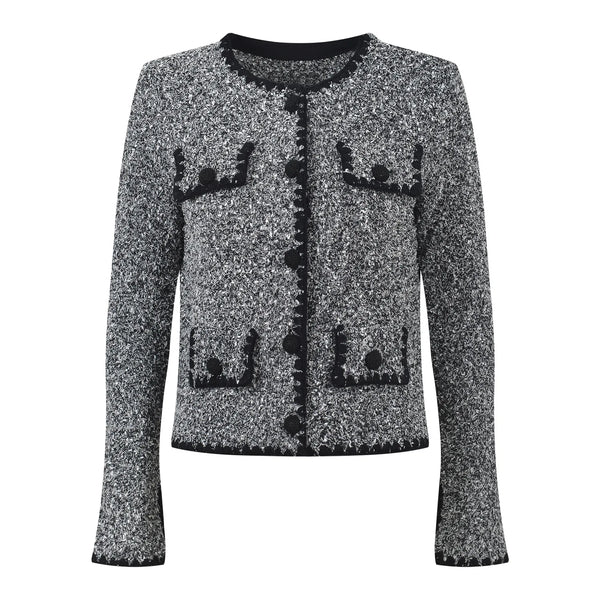 Black and white patterned cardigan on a white background