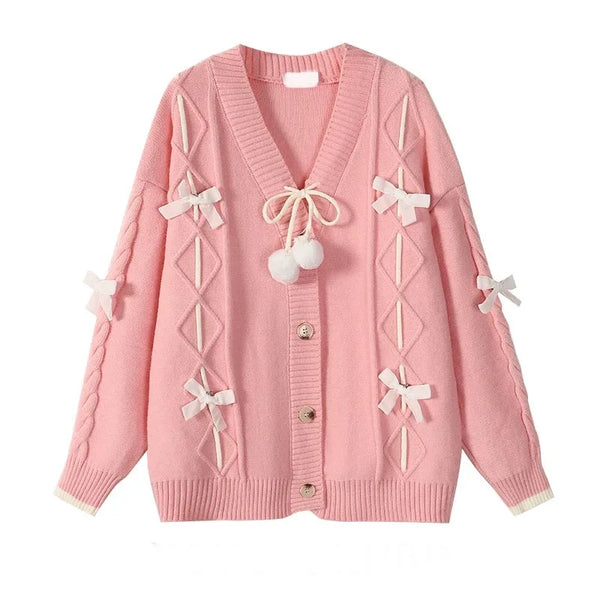 Pull tricoté personnalisé à faible MOQ pour femme, col en V, manches longues, grande taille, avec nœud papillon, épaules tombantes, boutonnage, gilet en tricot pour femme.