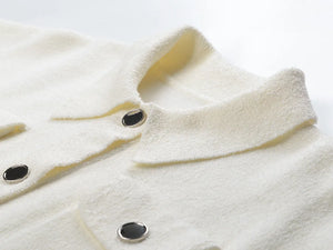 Cardigan en maille pour femme, style décontracté, collection 2026, col rabattu, manches longues, simple boutonnage, ourlet patchwork denim.